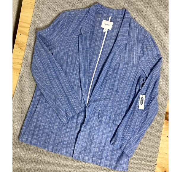 Old Navy Open Front Linen Blazer Womens L Blue Striped Lightweight - Picture 2 of 14